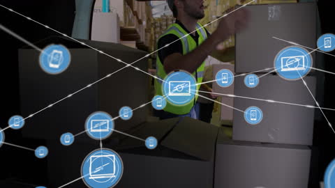 Digital Network Overlay on Warehouse Worker Stacking Boxes