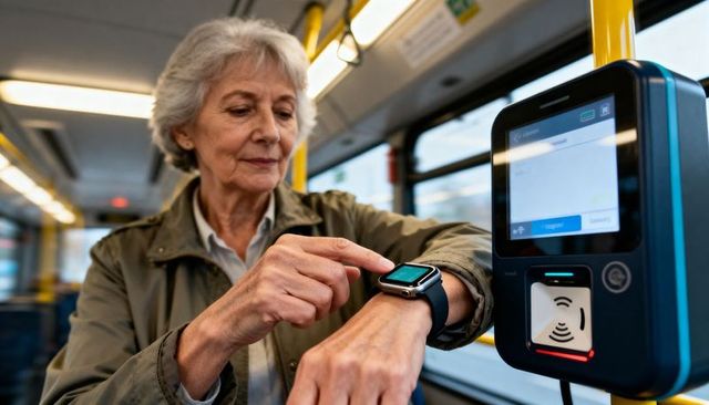 Senior woman tapping smartwatch on bus validator for contactless fare and urban mobility