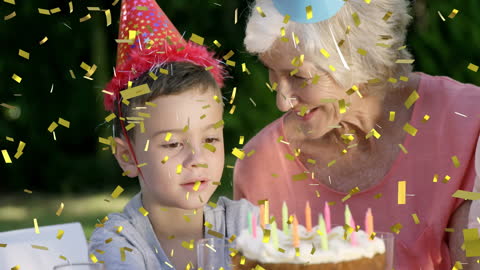 Multigenerational Birthday Celebration with Cake and Confetti