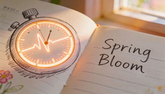 Sunlit journal showing glowing stopwatch with neon heartbeat and spring bloom lettering