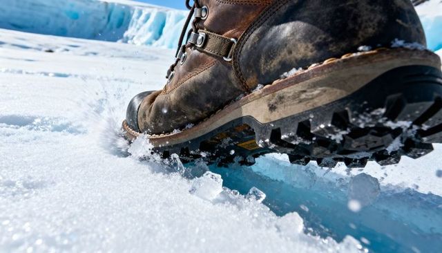 Worn leather hiking boot digging into glacier crevasse on icy alpine terrain