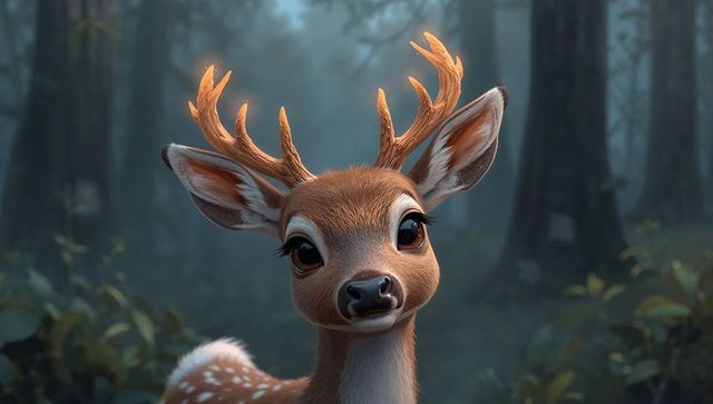 Enchanted fawn gazing with glowing antlers in misty forest