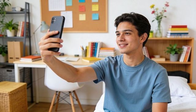Male student taking selfie in cozy bedroom workspace with corkboard and books