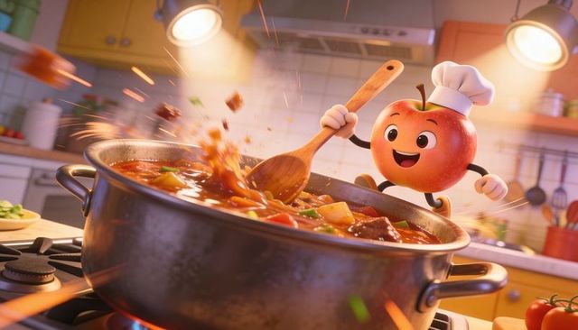 Joyful apple chef stirring sizzling stew with wooden spoon in vibrant cartoon kitchen