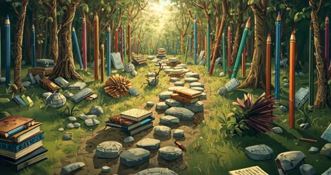 Magical Forest Pathway with Colored Pencils and Books