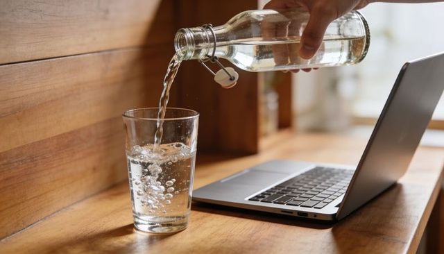 Hand pouring sparkling water into glass beside laptop on wooden desk