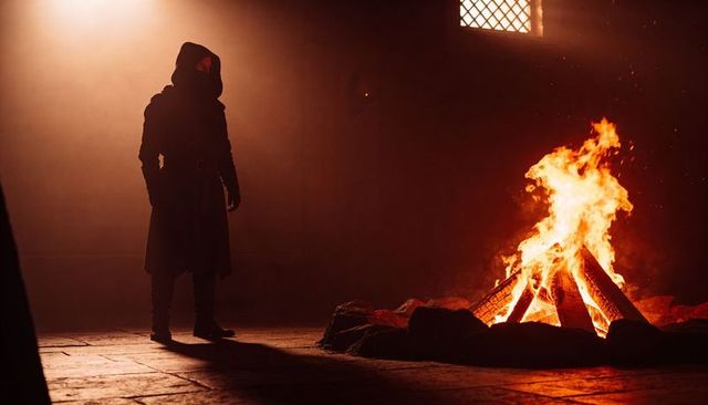 Hooded figure standing by roaring bonfire in medieval stone chamber, dramatic firelight