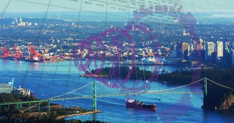 Digital interface elements overlay city harbor aerial view