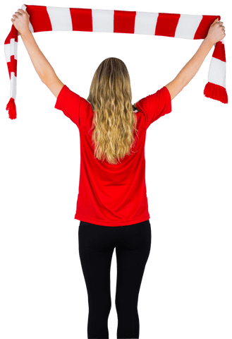 Celebrating Young Woman with Red Team Scarf Transparent Background