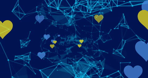 Abstract Network Animation with Floating Hearts on Blue Background