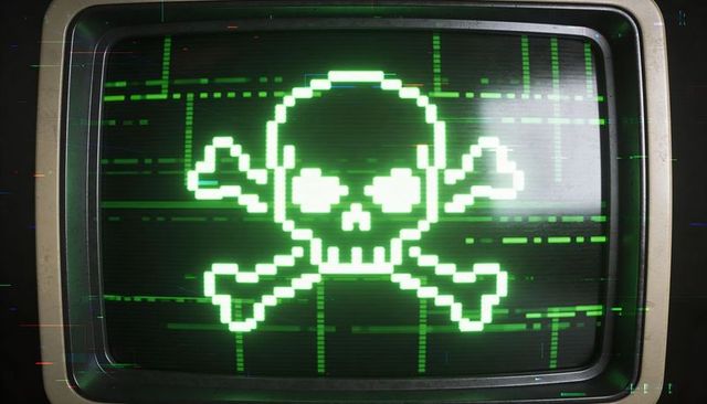 Retro CRT Monitor Displaying Neon Green Pixel Skull and Crossbones with Glitch Scanlines