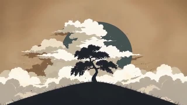 Peaceful Clouds Passing Over Serene Tree Silhouette on Quiet Hillscape
