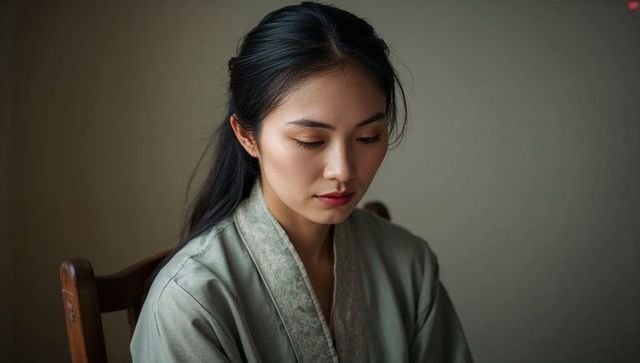 Sitting woman in sage robe gazing downward in minimalist interior, soft sidelight portrait