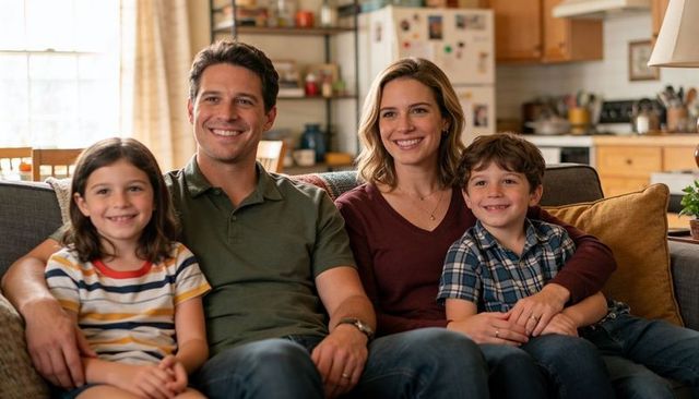 Smiling family of four relaxing on couch in cozy sunlit kitchen-living room, parents hugging kids