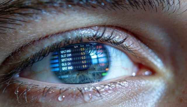 Macro human eye reflecting alphanumeric display, showing tear droplets and long lashes
