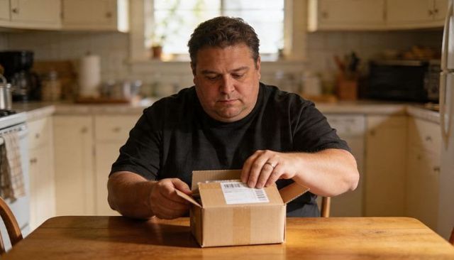 Man Opening Delivered Package at Kitchen Table Unboxing Parcel with Visible Shipping Label
