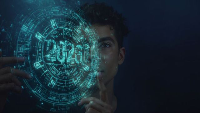 Man interacting with cyan holographic hud disc showing 2020 numbers, futuristic interface