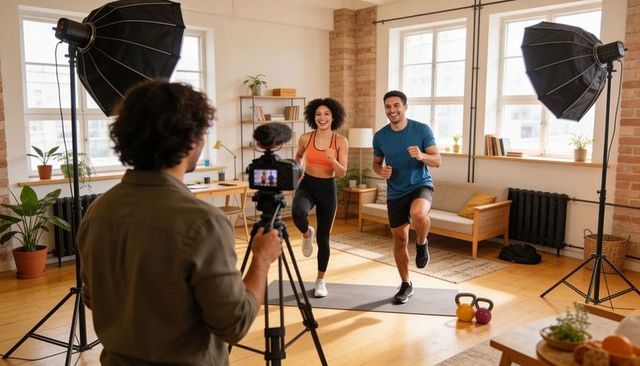 Energetic couple filming at-home cardio workout in bright loft studio with camera crew