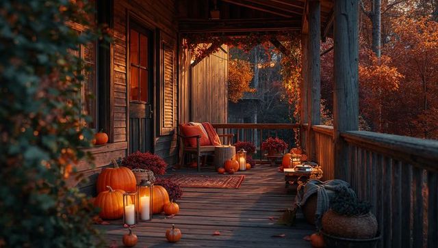 Rustic autumn cabin porch with pumpkins and lanterns