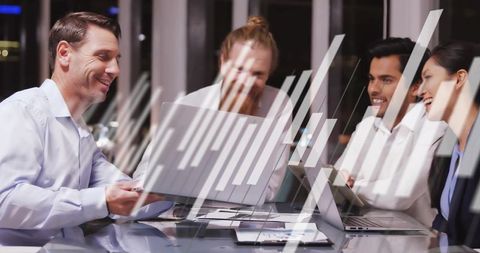 Team Discussing Data with Futuristic Overlay in Modern Office