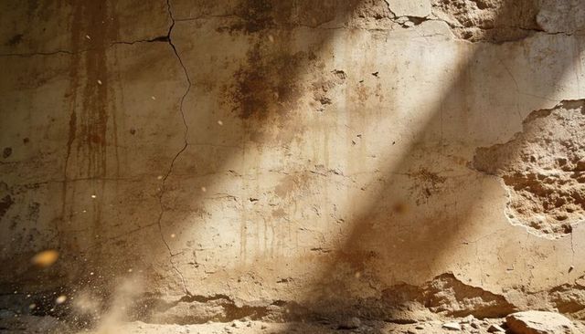 Sunbeams revealing weathered plaster wall with vertical cracks, dust motes and rubble