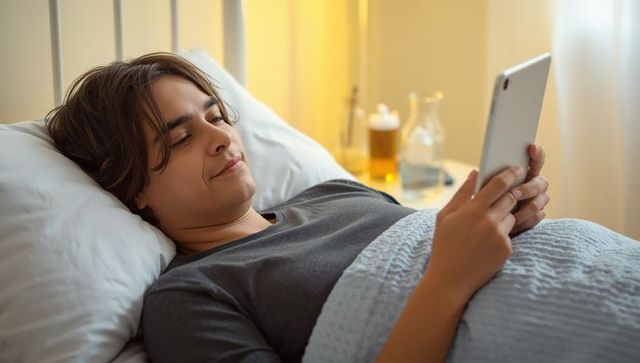 Reclining man using tablet with cozy bedroom atmosphere
