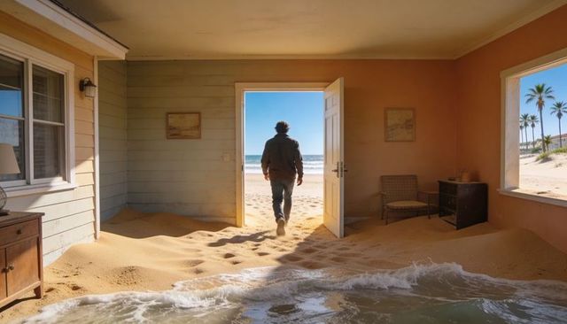 Solitary man walking from sand-filled seaside cottage through open doorway to ocean