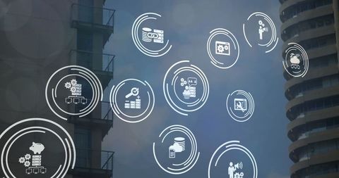 digital interface icons overlaying urban buildings - Download Free Stock Images Pikwizard.com