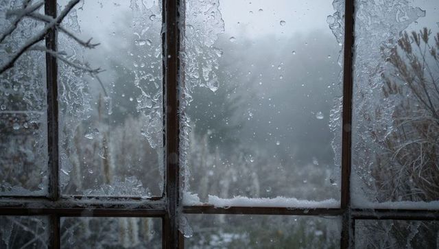 Frosted multi-pane window with melting ice and beaded droplets over misty winter landscape