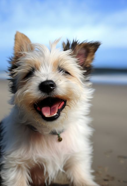 Portrait of white cute dog on beach, created using generative ai technology. Dog, animal and pet concept digitally generated image.