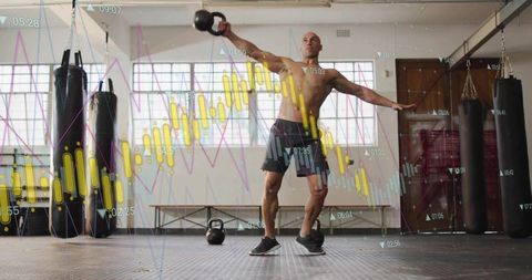 Focused athlete kettlebell training with data chart overlay