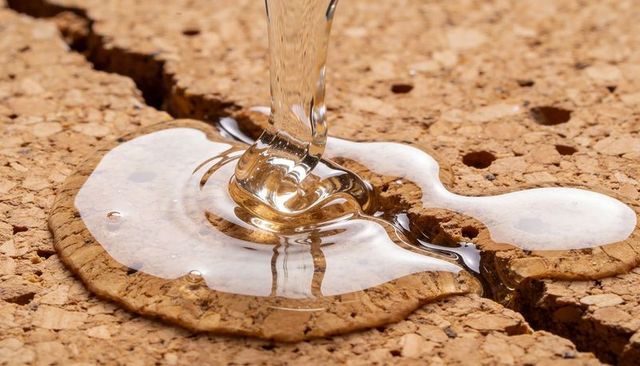 Pouring Viscous Resin Pooling on Cracked Cork Surface Macro Detail with Glossy Highlights