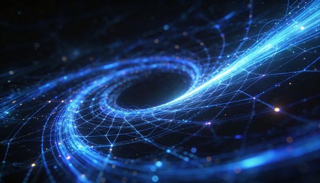 Swirling Blue Data Vortex Emitting Neon Mesh Network from Dark Core