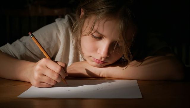 Young girl drawing by warm lamp light leaning table concentrating on sketch cozy study mood