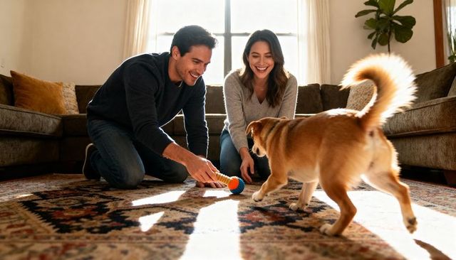 Couple playing with dog on sunlit rug kneeling and smiling during cozy indoor playtime