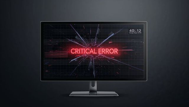 Wide monitor showing red critical error with shattered glass and moody dark tech background
