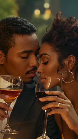 Vertical video capturing romantic couple toasting amber and red wine at candlelit dinner