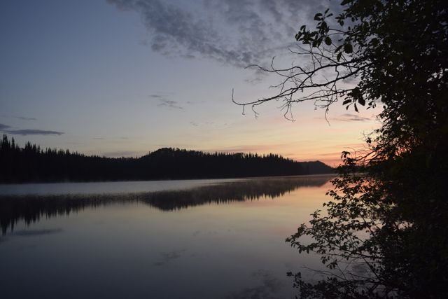 This captivating scene of a tranquil lake bordered by a forest at dawn perfectly captures the stillness and beauty of early morning light. The reflective calm water and serene wilderness provide an ideal visual for themes like tranquility, nature, relaxation, and outdoor adventures. Useful in nature-related publications, conservation materials, travel websites, and wallpapers promoting mindfulness and peace.