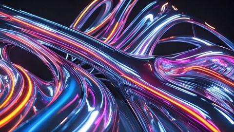 Twisting Metallic Tubes with Neon Reflections in Futuristic Void