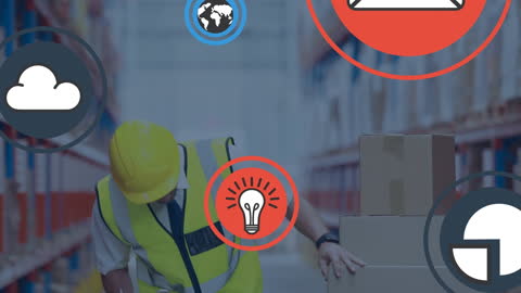 Digital Interface Icons Overlaying Warehouse Worker
