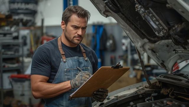 Mechanic Evaluating Car Engine in Auto Repair Workshop With Clipboard