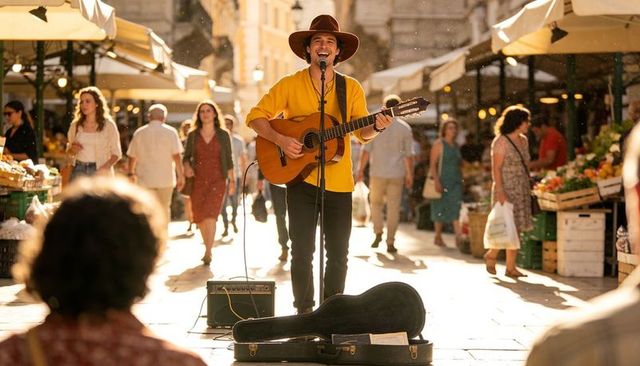Busker singing and playing acoustic guitar in sunny market street wearing wide-brim hat