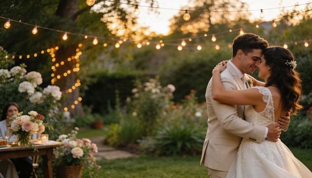 Garden wedding couple dancing under string lights at golden hour with floral decor