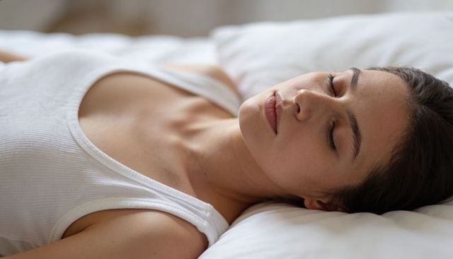 Serene young woman sleeping on white pillow wearing ribbed tank top for wellness rest