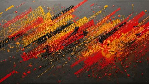 Abstract canvas painting exploding with red orange motion and bold diagonal texture