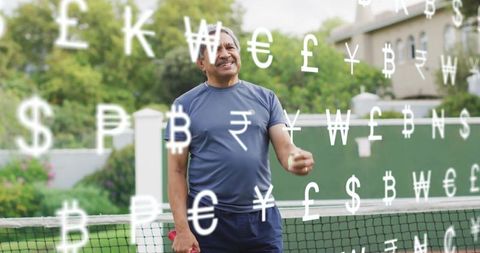 Senior man holding tennis racquet on backyard court with currency symbols overlay