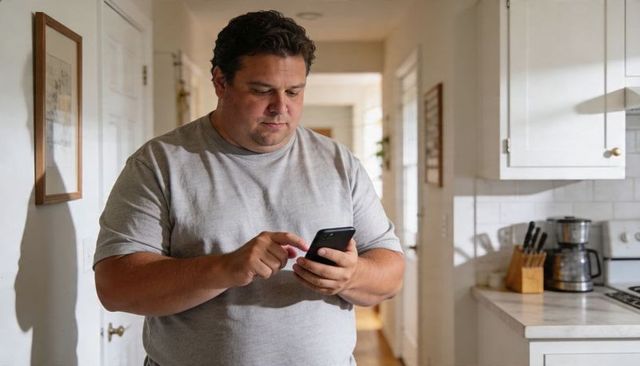 Middle-aged man using smartphone in bright kitchen checking messages during morning