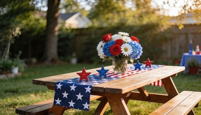 Decorating wooden picnic table with patriotic floral centerpiece and star-spangled runner