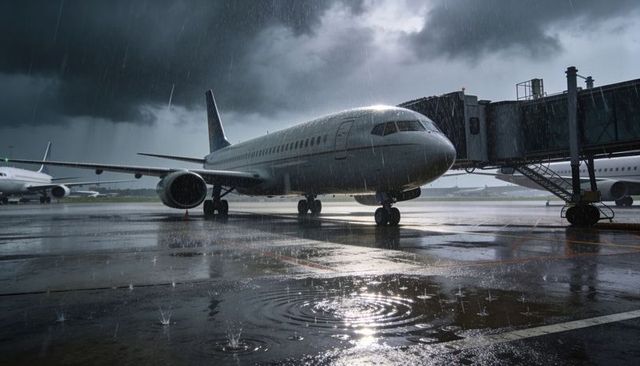 Narrow-body jet sitting at gate during storm with wet tarmac reflections and jet bridge