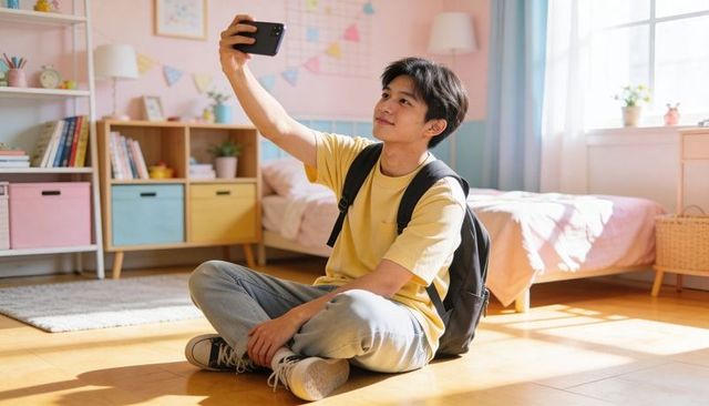 Teenage male taking selfie in sunlit bedroom wearing backpack and casual yellow tee